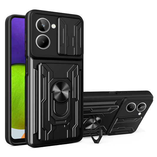 For Realme 10 4G Slide Camera Protection Phone Kickstand Case Card Holder PC + TPU Cover