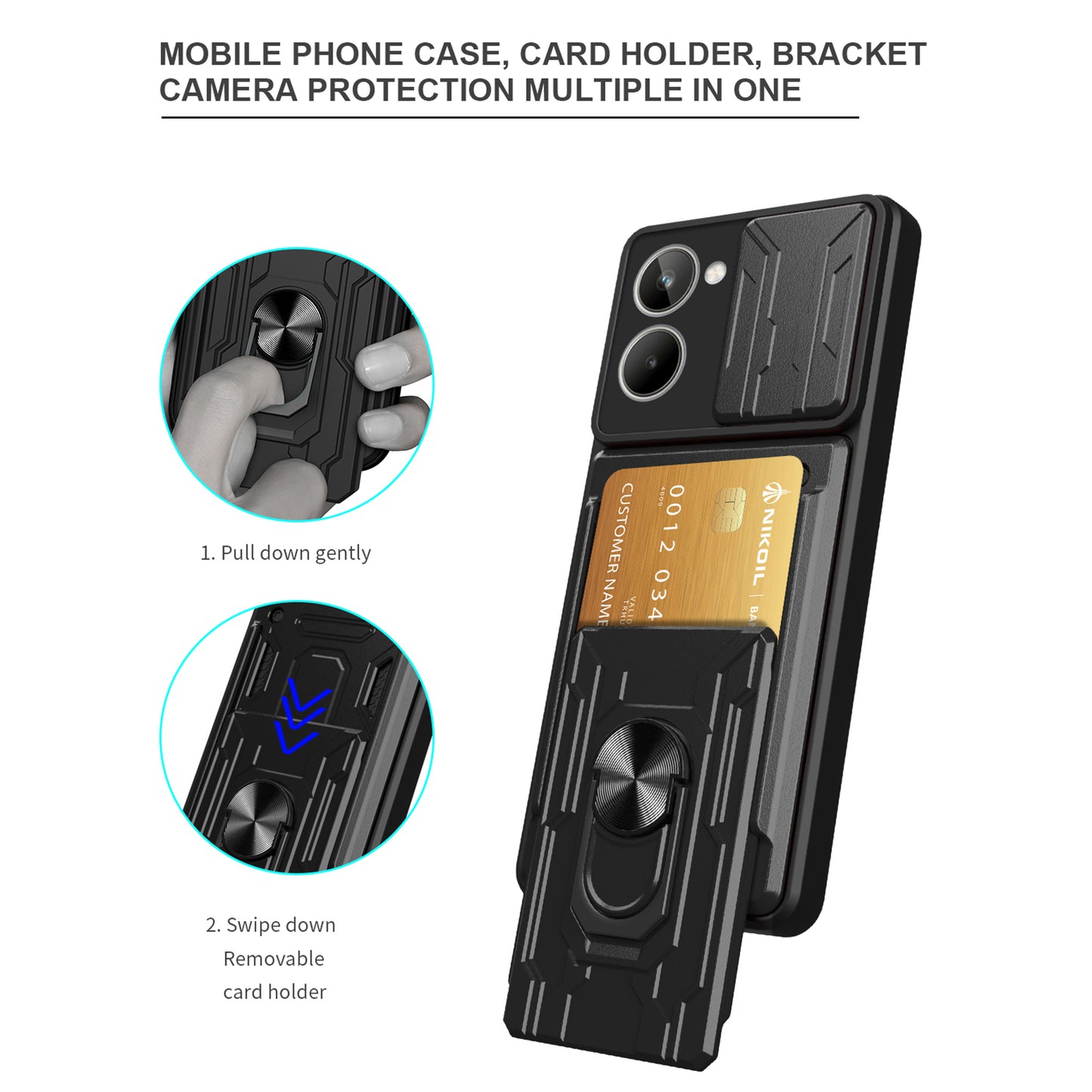 For Realme 10 4G Slide Camera Protection Phone Kickstand Case Card Holder PC + TPU Cover