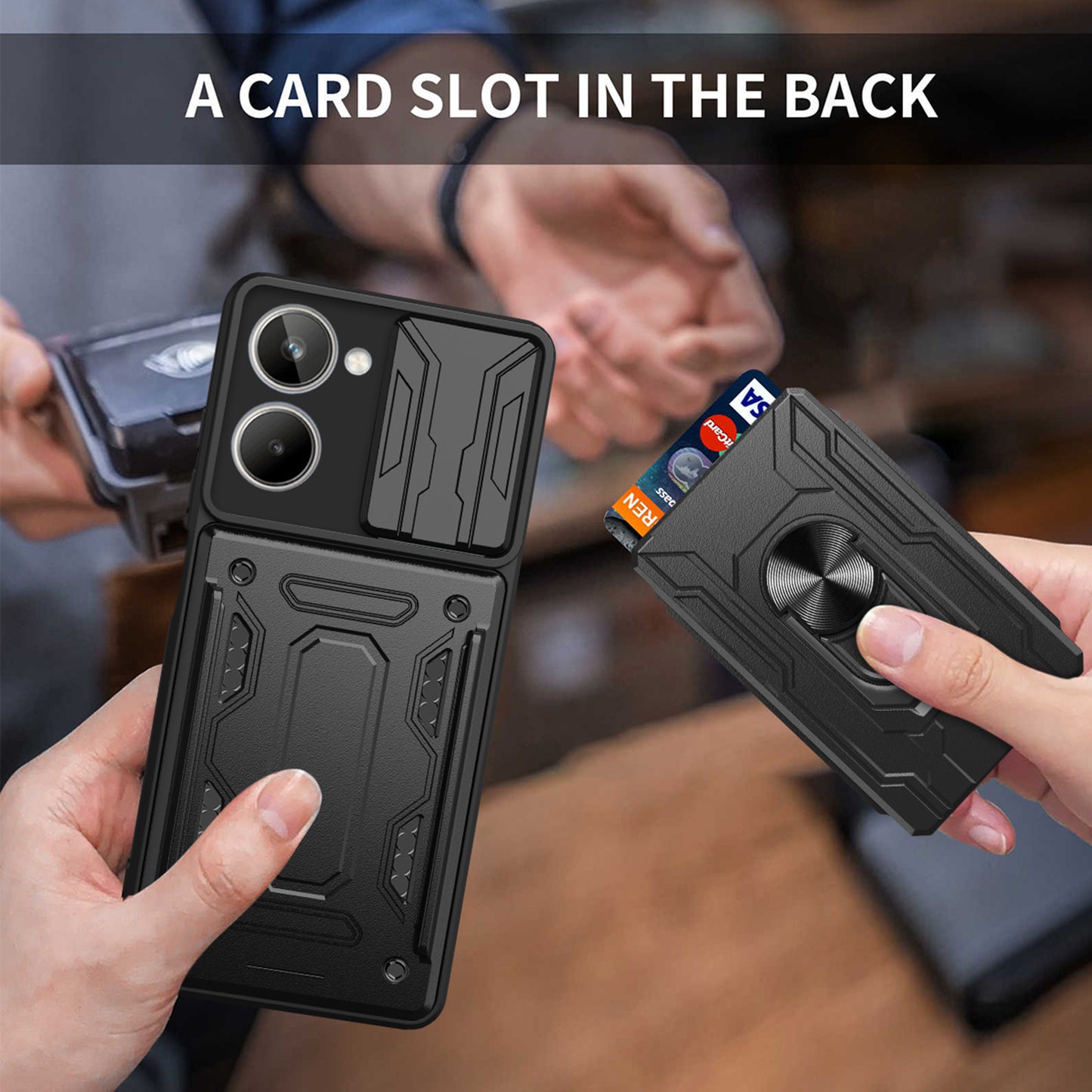 For Realme 10 4G Slide Camera Protection Phone Kickstand Case Card Holder PC + TPU Cover