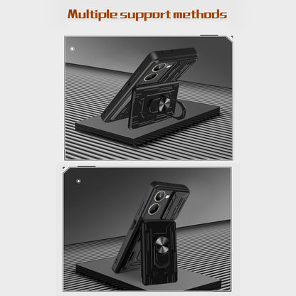 For Realme 10 4G Slide Camera Protection Phone Kickstand Case Card Holder PC + TPU Cover