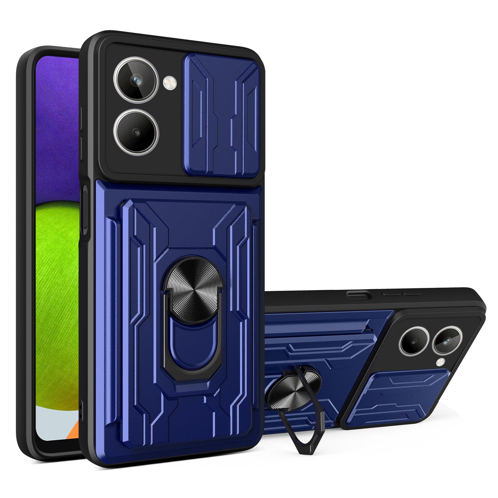 For Realme 10 4G Slide Camera Protection Phone Kickstand Case Card Holder PC + TPU Cover