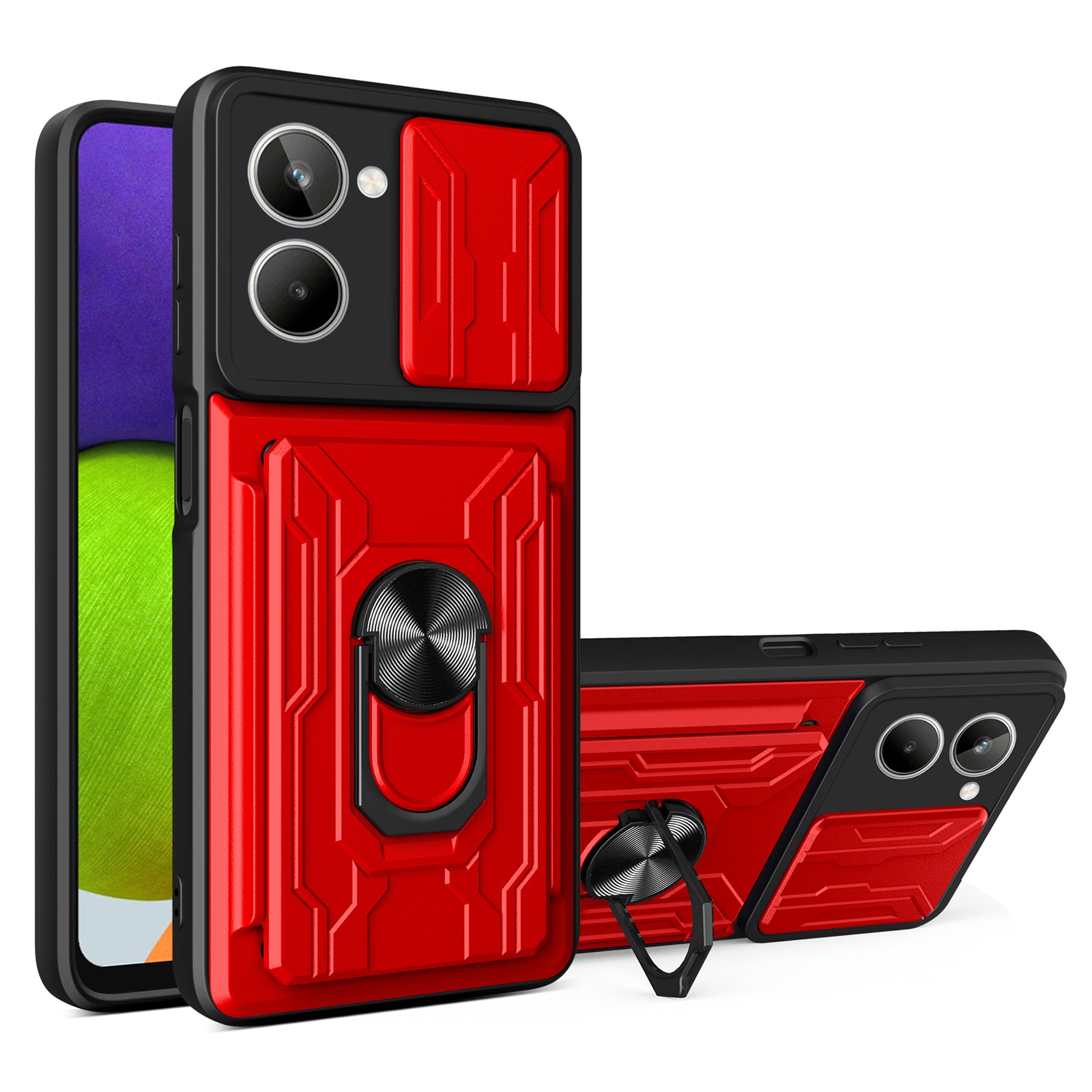 For Realme 10 4G Slide Camera Protection Phone Kickstand Case Card Holder PC + TPU Cover