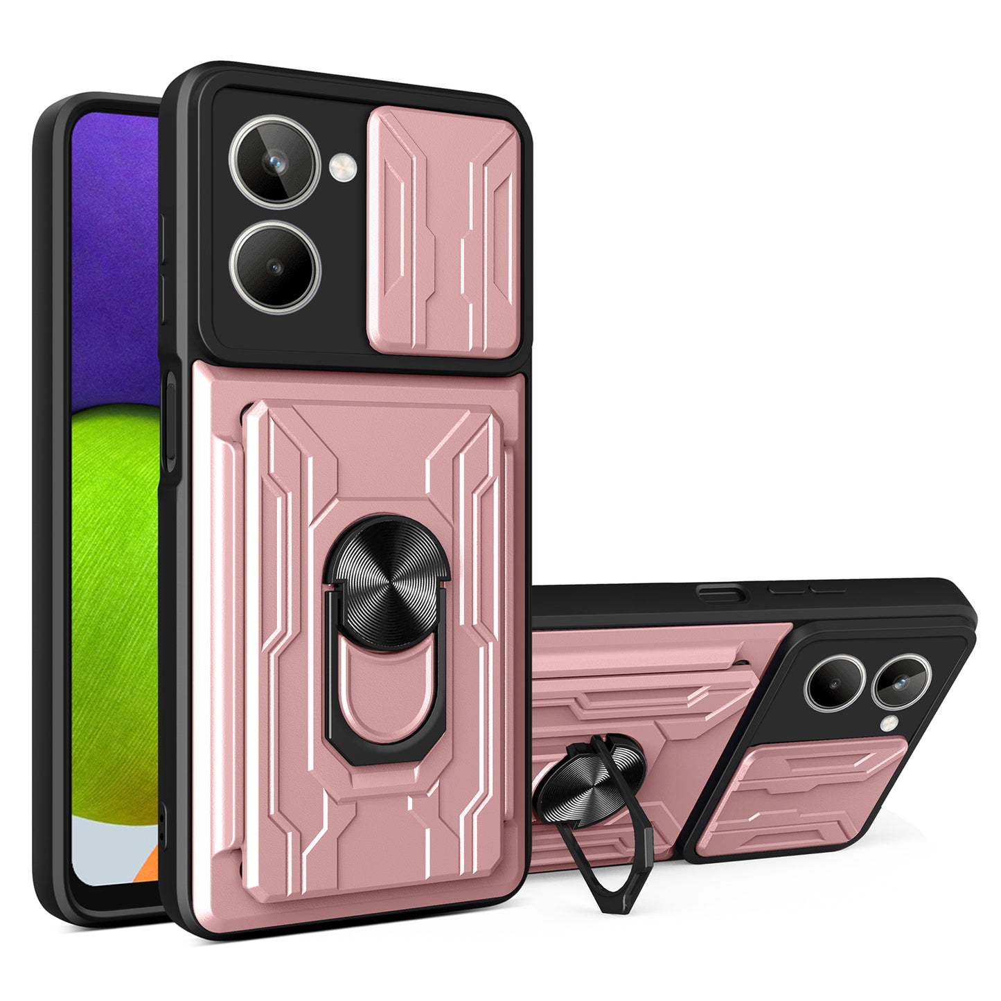For Realme 10 4G Slide Camera Protection Phone Kickstand Case Card Holder PC + TPU Cover