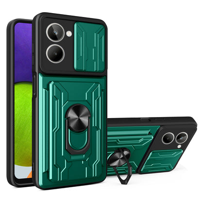 For Realme 10 4G Slide Camera Protection Phone Kickstand Case Card Holder PC + TPU Cover
