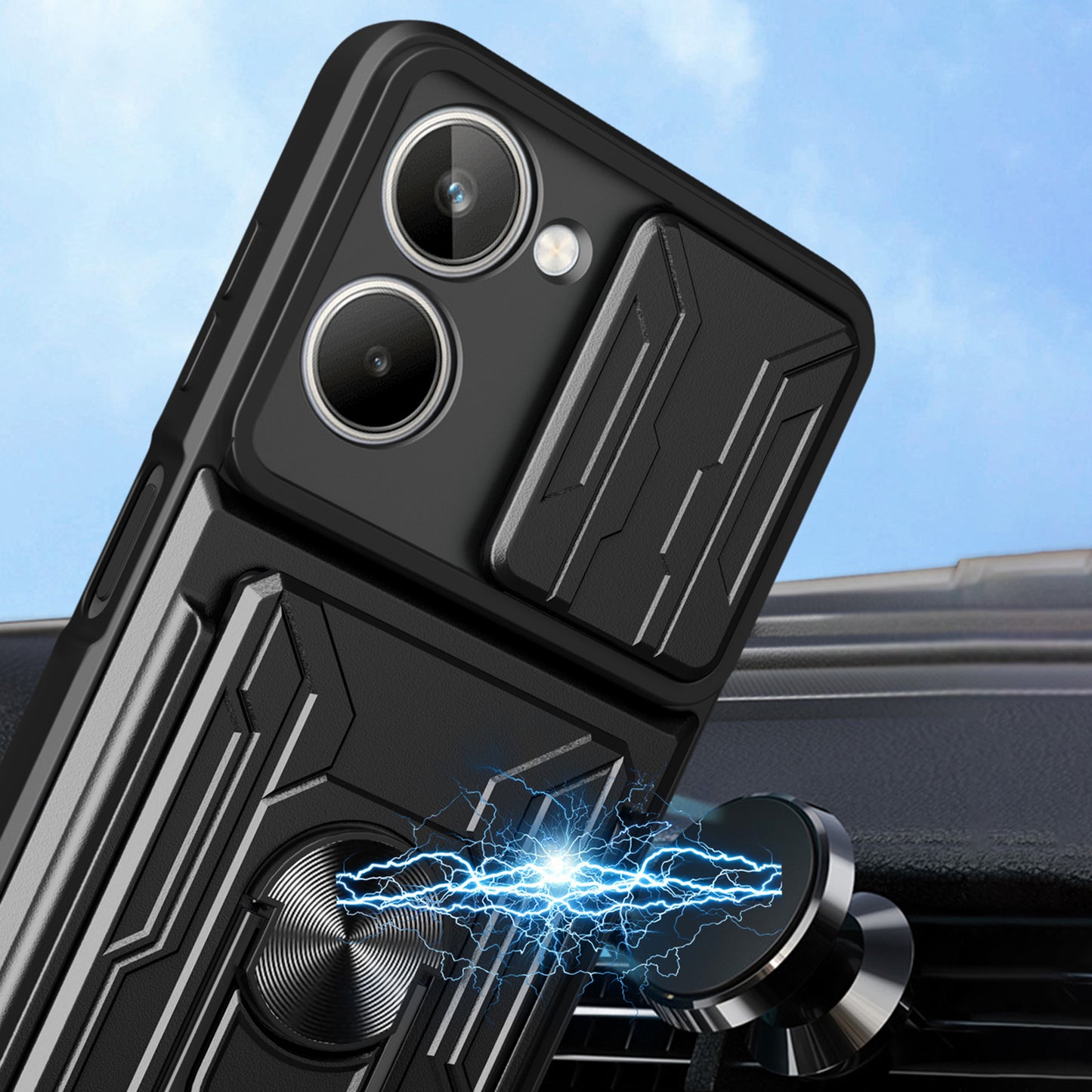 For Realme 10 4G Slide Camera Protection Phone Kickstand Case Card Holder PC + TPU Cover