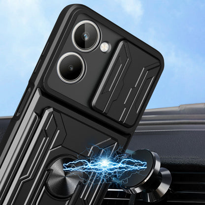 For Realme 10 4G Slide Camera Protection Phone Kickstand Case Card Holder PC + TPU Cover