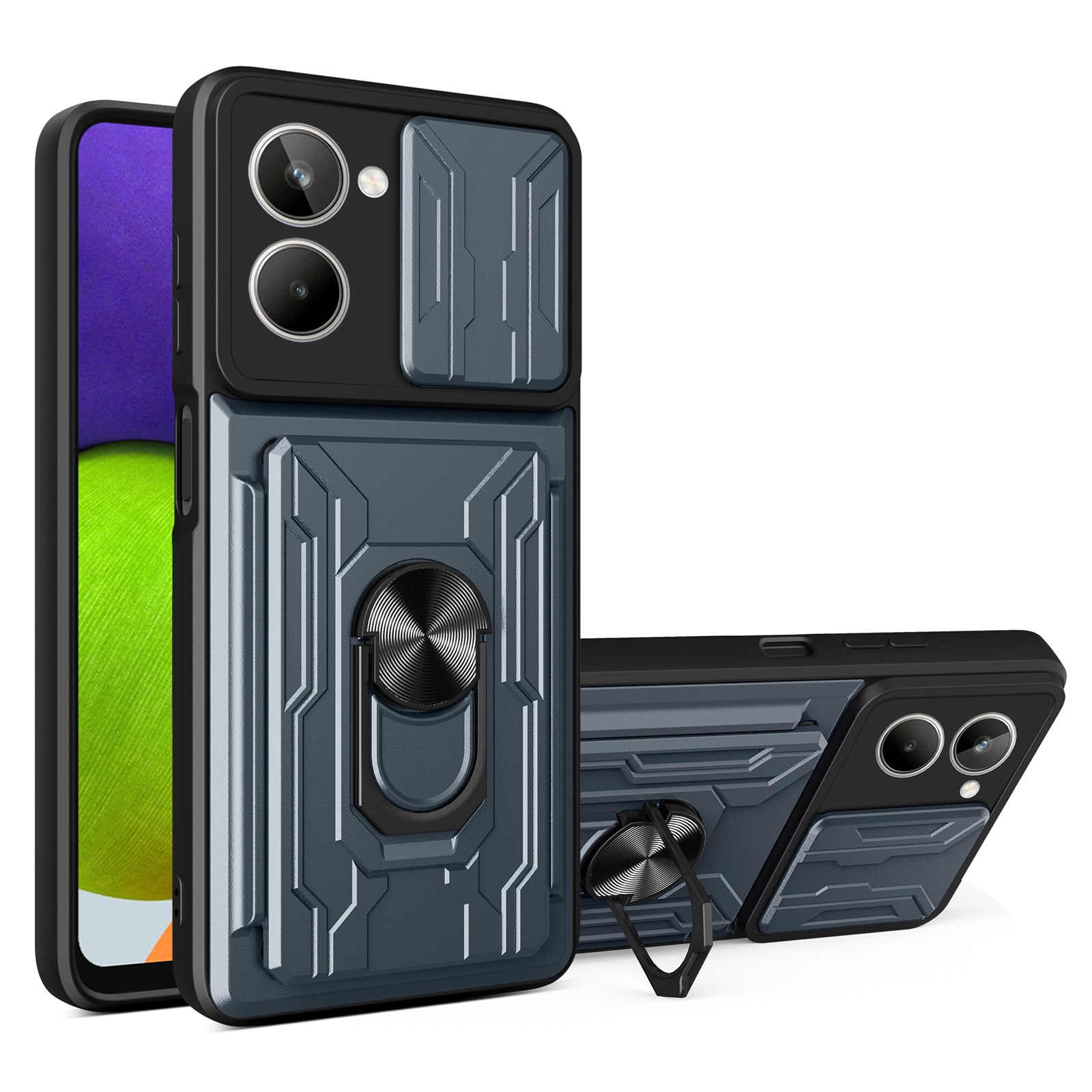 For Realme 10 4G Slide Camera Protection Phone Kickstand Case Card Holder PC + TPU Cover