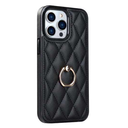 For iPhone 12 Pro Max Anti-Dust PU Leather+TPU Phone Case Stitching Rhombus Ring Holder Kickstand Phone Shell