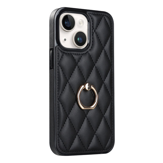 For iPhone 13 mini 5.4 inch Anti-Scratch Phone Cover Stitching Rhombus PU Leather+TPU Phone Case with Ring Holder Kickstand