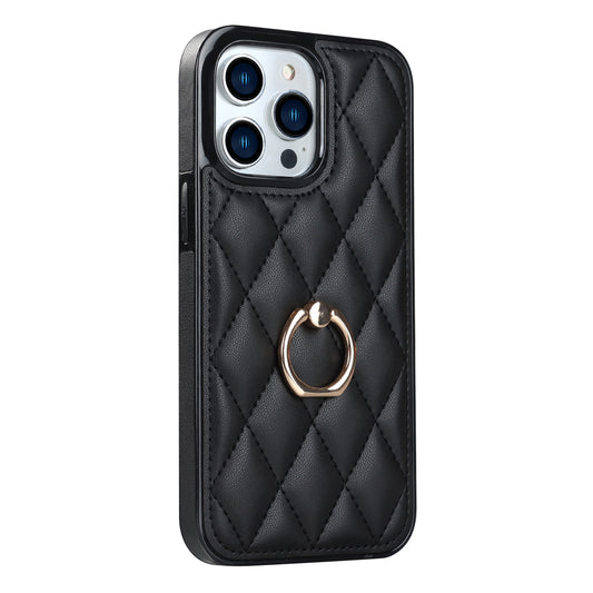 PU Leather+TPU Phone Case for iPhone 13 Pro Max , Stitching Rhombus Ring Holder Kickstand Phone Cover