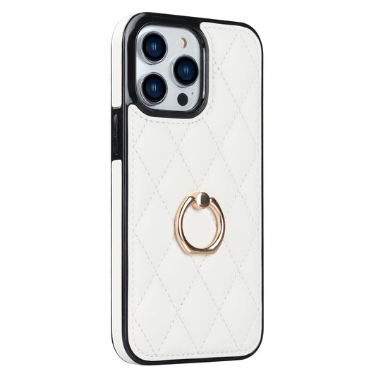 PU Leather+TPU Phone Case for iPhone 13 Pro Max , Stitching Rhombus Ring Holder Kickstand Phone Cover