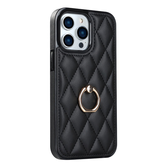 For iPhone 13 Pro 6.1 inch Stitching Rhombus Ring Holder PU Leather+TPU Phone Case Kickstand Phone Cover