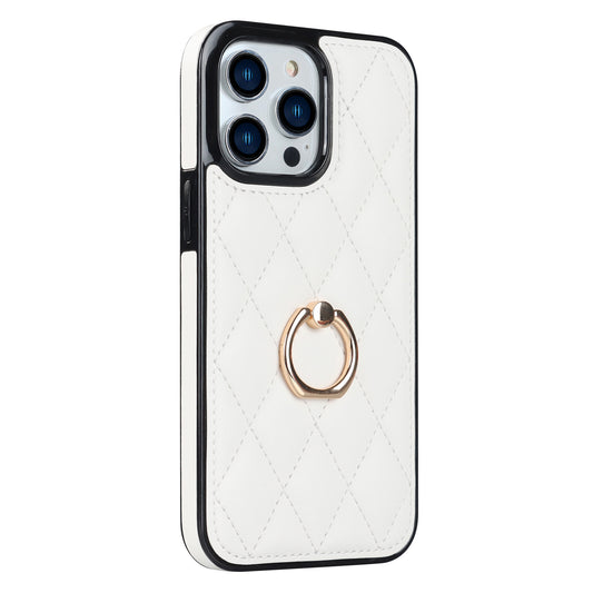 For iPhone 13 Pro 6.1 inch Stitching Rhombus Ring Holder PU Leather+TPU Phone Case Kickstand Phone Cover
