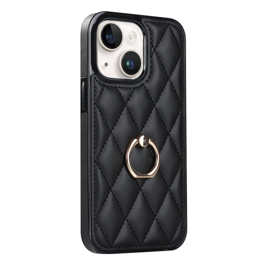 For iPhone 13 6.1 inch PU Leather+TPU Phone Case Stitching Rhombus Ring Holder Kickstand Phone Cover