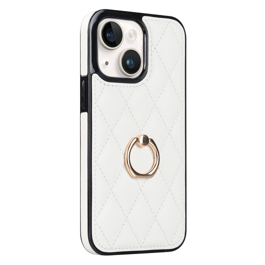 For iPhone 13 6.1 inch PU Leather+TPU Phone Case Stitching Rhombus Ring Holder Kickstand Phone Cover