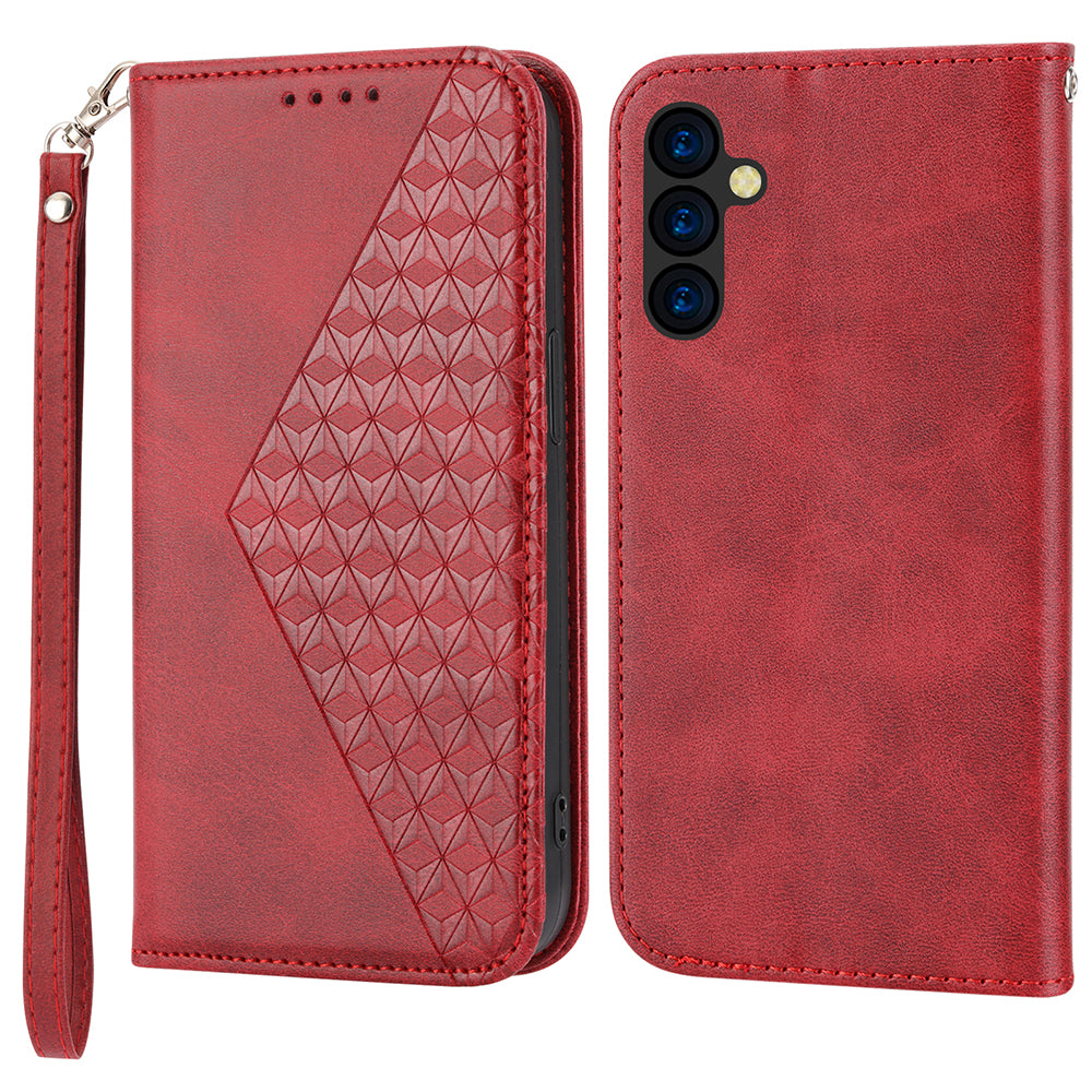 Phone Case for Samsung Galaxy A24 4G , Imprinted Rhombus Pattern Wallet Calf Texture PU Leather Stand Phone Cover