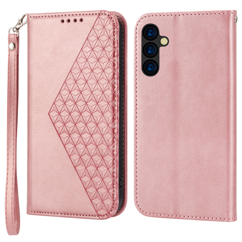 Phone Case for Samsung Galaxy A24 4G , Imprinted Rhombus Pattern Wallet Calf Texture PU Leather Stand Phone Cover