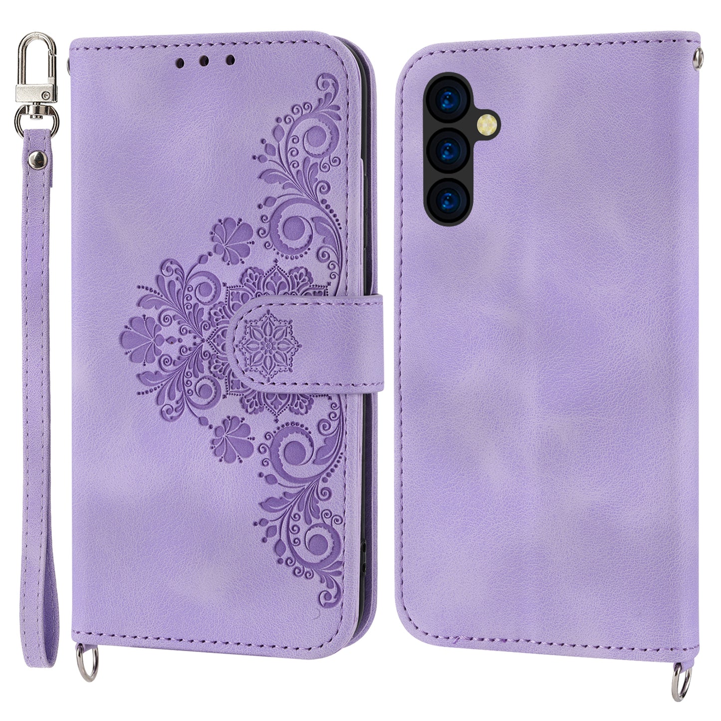 Flower Imprinted Phone Shell for Samsung Galaxy A24 4G Anti-Drop Phone Case Skin-Touch Leather Cover with Strap