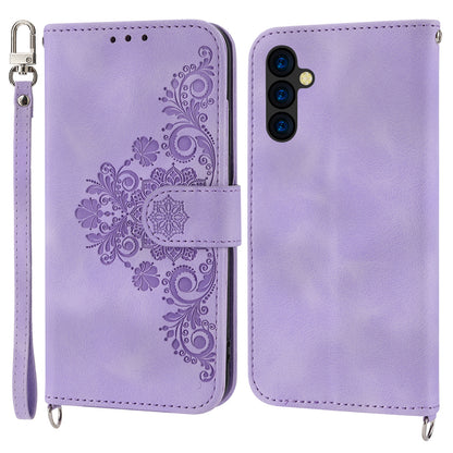Flower Imprinted Phone Shell for Samsung Galaxy A24 4G Anti-Drop Phone Case Skin-Touch Leather Cover with Strap
