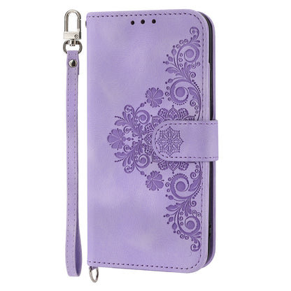 Flower Imprinted Phone Shell for Samsung Galaxy A24 4G Anti-Drop Phone Case Skin-Touch Leather Cover with Strap