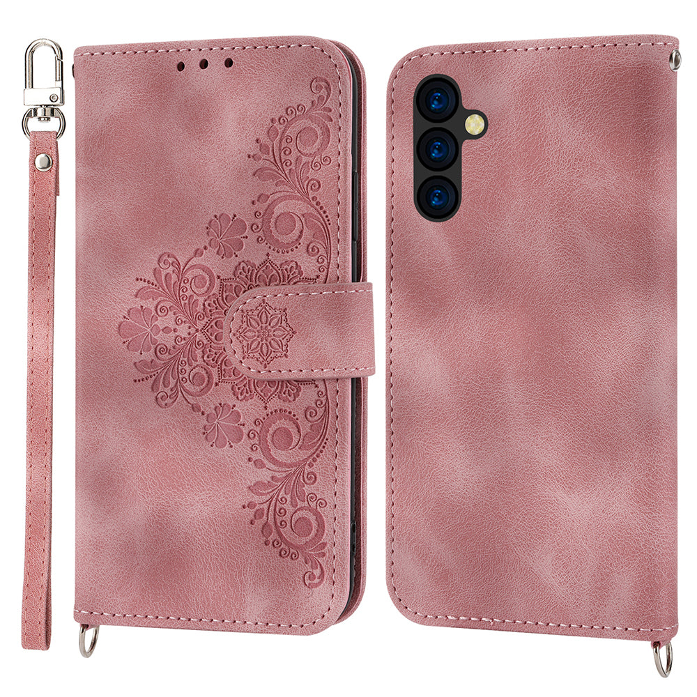 Flower Imprinted Phone Shell for Samsung Galaxy A24 4G Anti-Drop Phone Case Skin-Touch Leather Cover with Strap