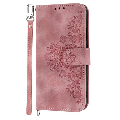 Flower Imprinted Phone Shell for Samsung Galaxy A24 4G Anti-Drop Phone Case Skin-Touch Leather Cover with Strap