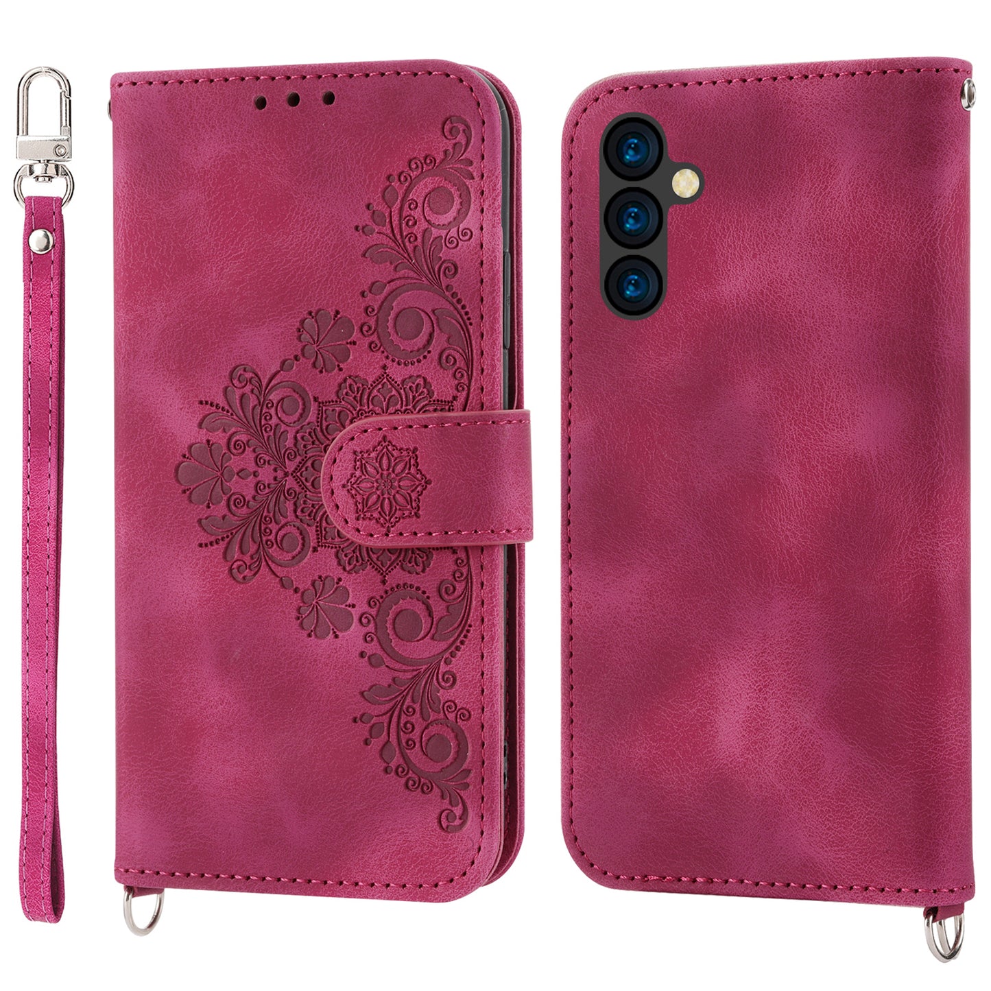 Flower Imprinted Phone Shell for Samsung Galaxy A24 4G Anti-Drop Phone Case Skin-Touch Leather Cover with Strap