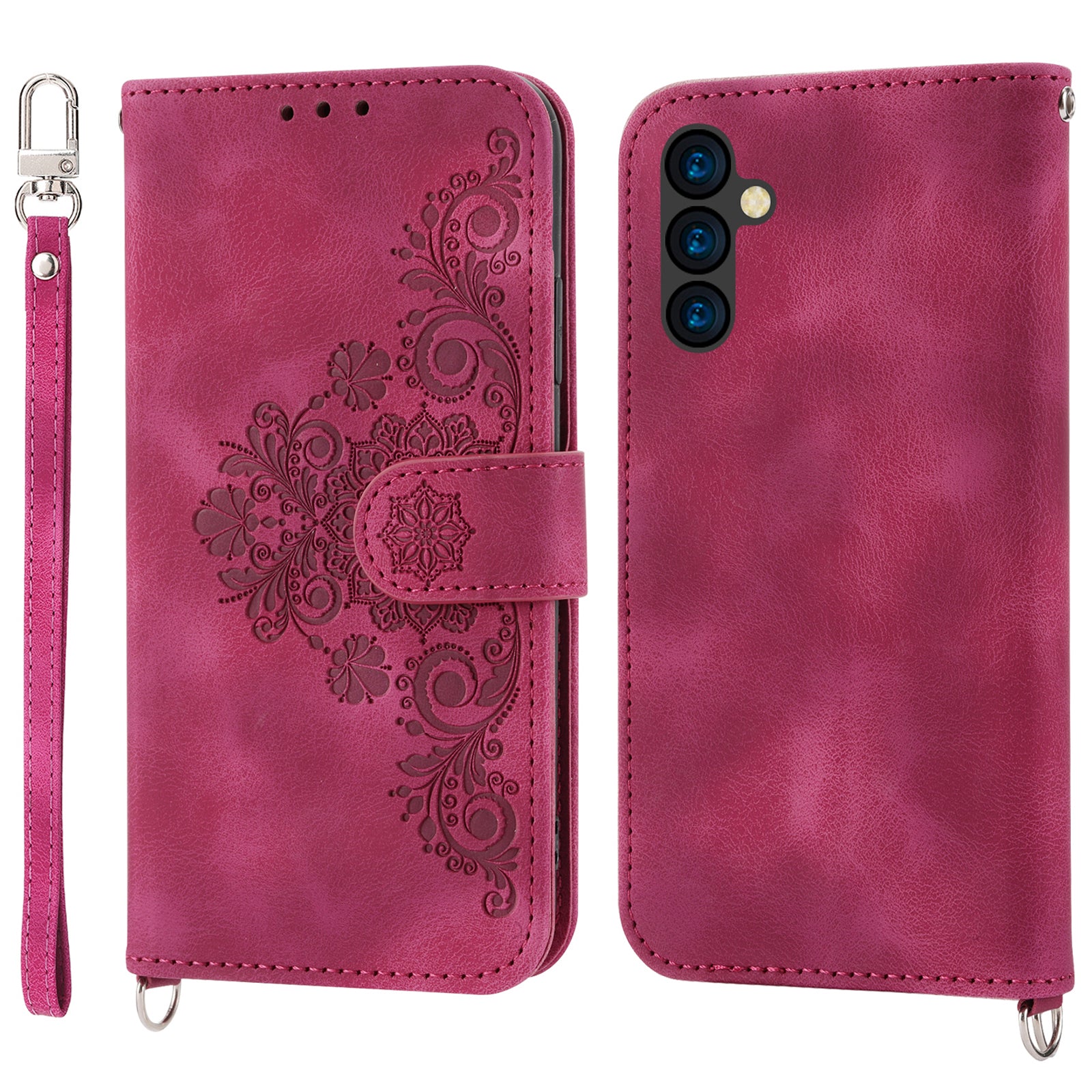 Flower Imprinted Phone Shell for Samsung Galaxy A24 4G Anti-Drop Phone Case Skin-Touch Leather Cover with Strap