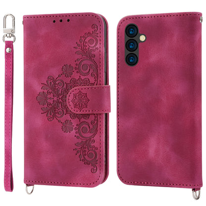 Flower Imprinted Phone Shell for Samsung Galaxy A24 4G Anti-Drop Phone Case Skin-Touch Leather Cover with Strap