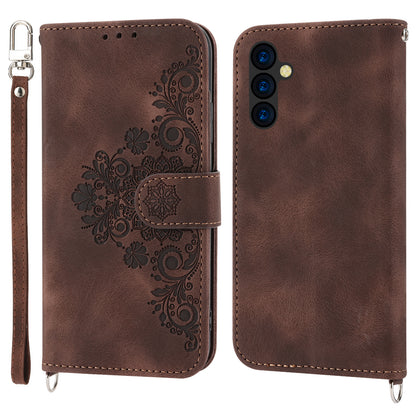 Flower Imprinted Phone Shell for Samsung Galaxy A24 4G Anti-Drop Phone Case Skin-Touch Leather Cover with Strap