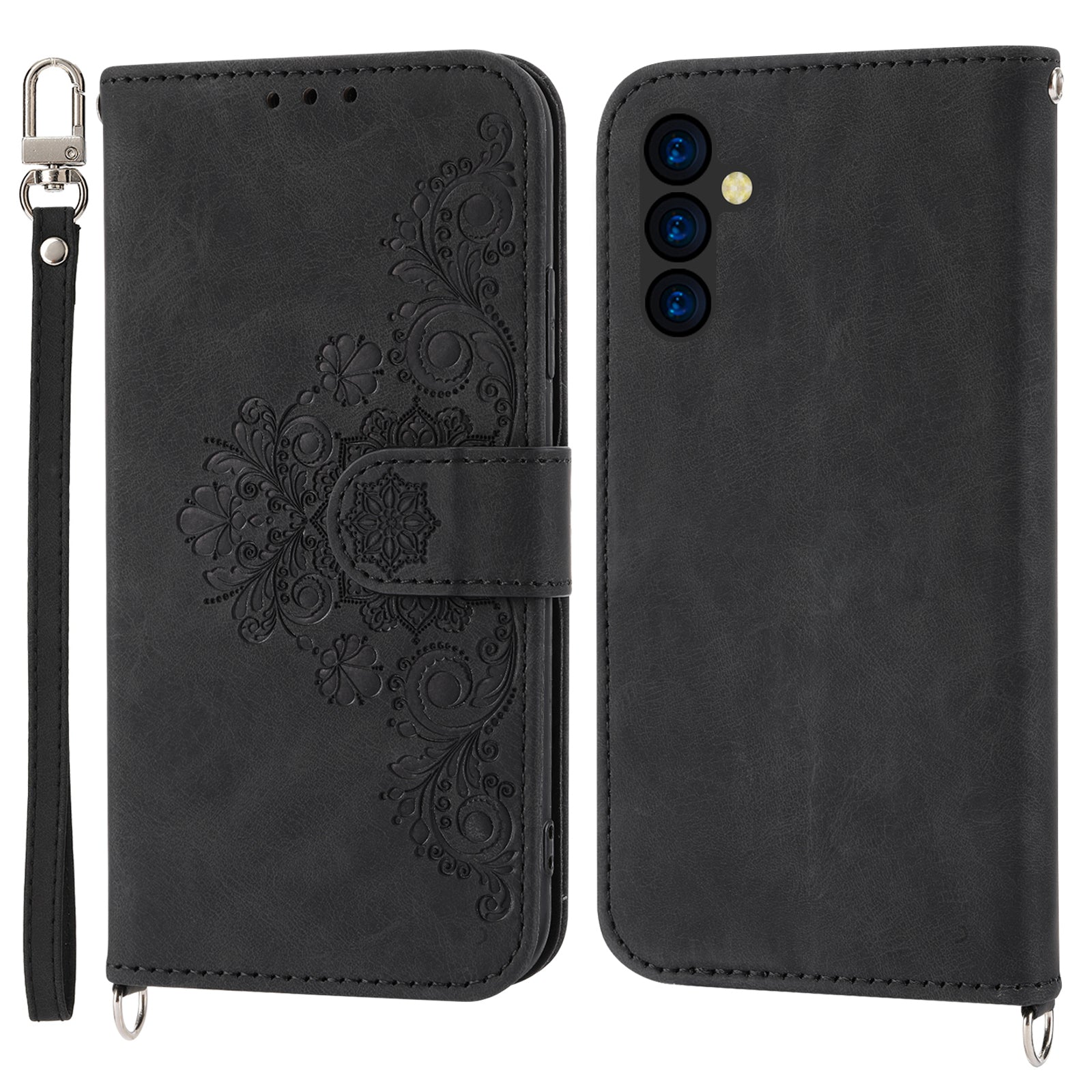 Flower Imprinted Phone Shell for Samsung Galaxy A24 4G Anti-Drop Phone Case Skin-Touch Leather Cover with Strap