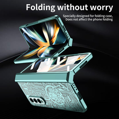 Folding Phone Case for Samsung Galaxy Z Fold3 5G Mechanical Legend Series Electroplating PC Shell with Tempered Glass Film
