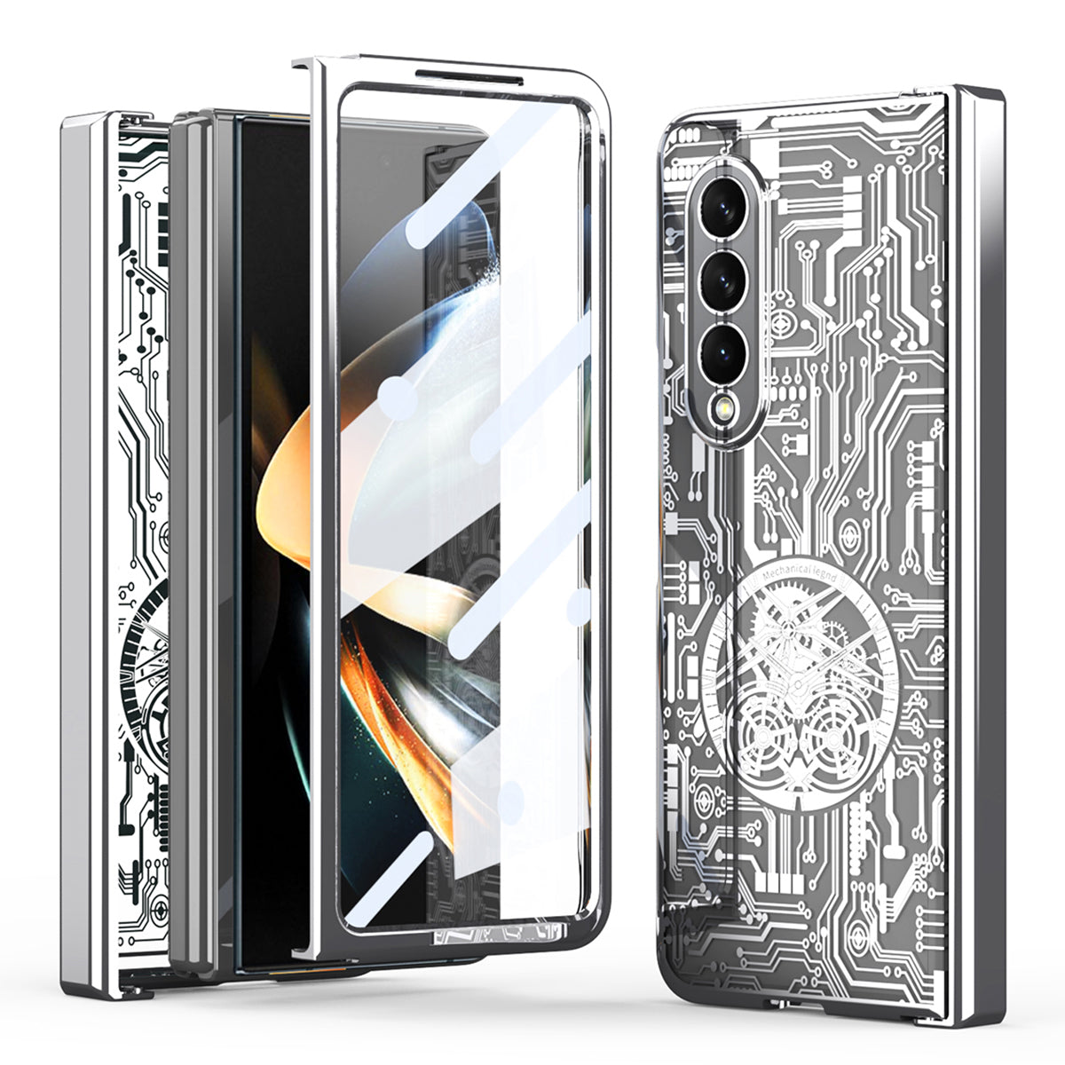 Folding Phone Case for Samsung Galaxy Z Fold3 5G Mechanical Legend Series Electroplating PC Shell with Tempered Glass Film