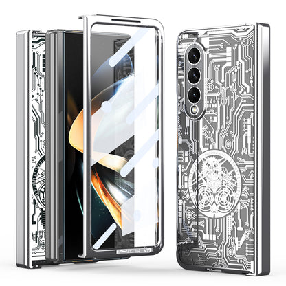 Folding Phone Case for Samsung Galaxy Z Fold3 5G Mechanical Legend Series Electroplating PC Shell with Tempered Glass Film