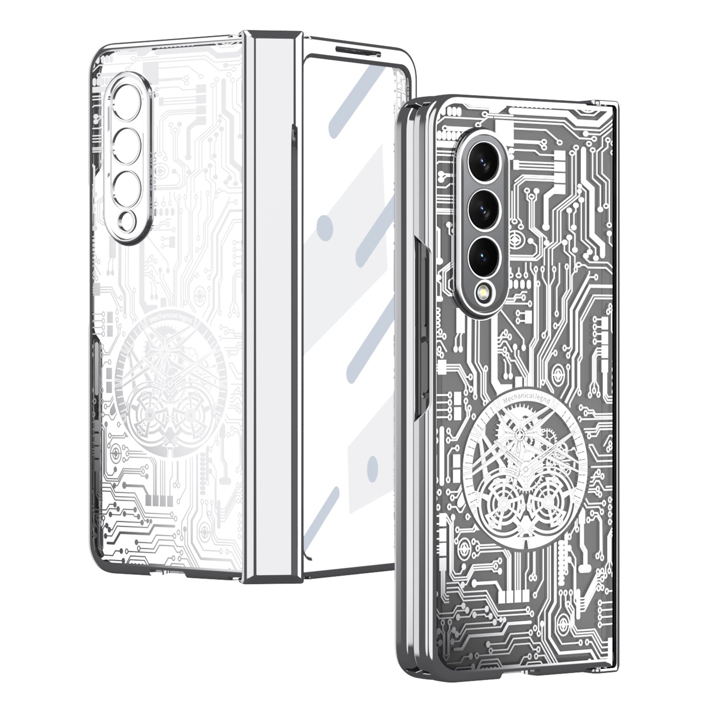 Folding Phone Case for Samsung Galaxy Z Fold3 5G Mechanical Legend Series Electroplating PC Shell with Tempered Glass Film