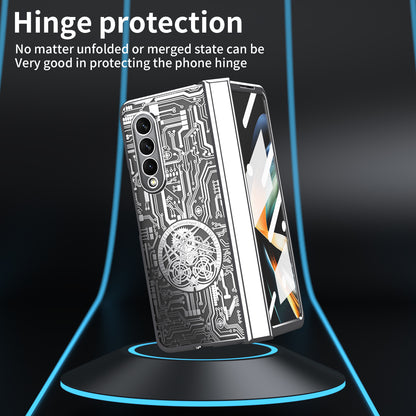Folding Phone Case for Samsung Galaxy Z Fold3 5G Mechanical Legend Series Electroplating PC Shell with Tempered Glass Film