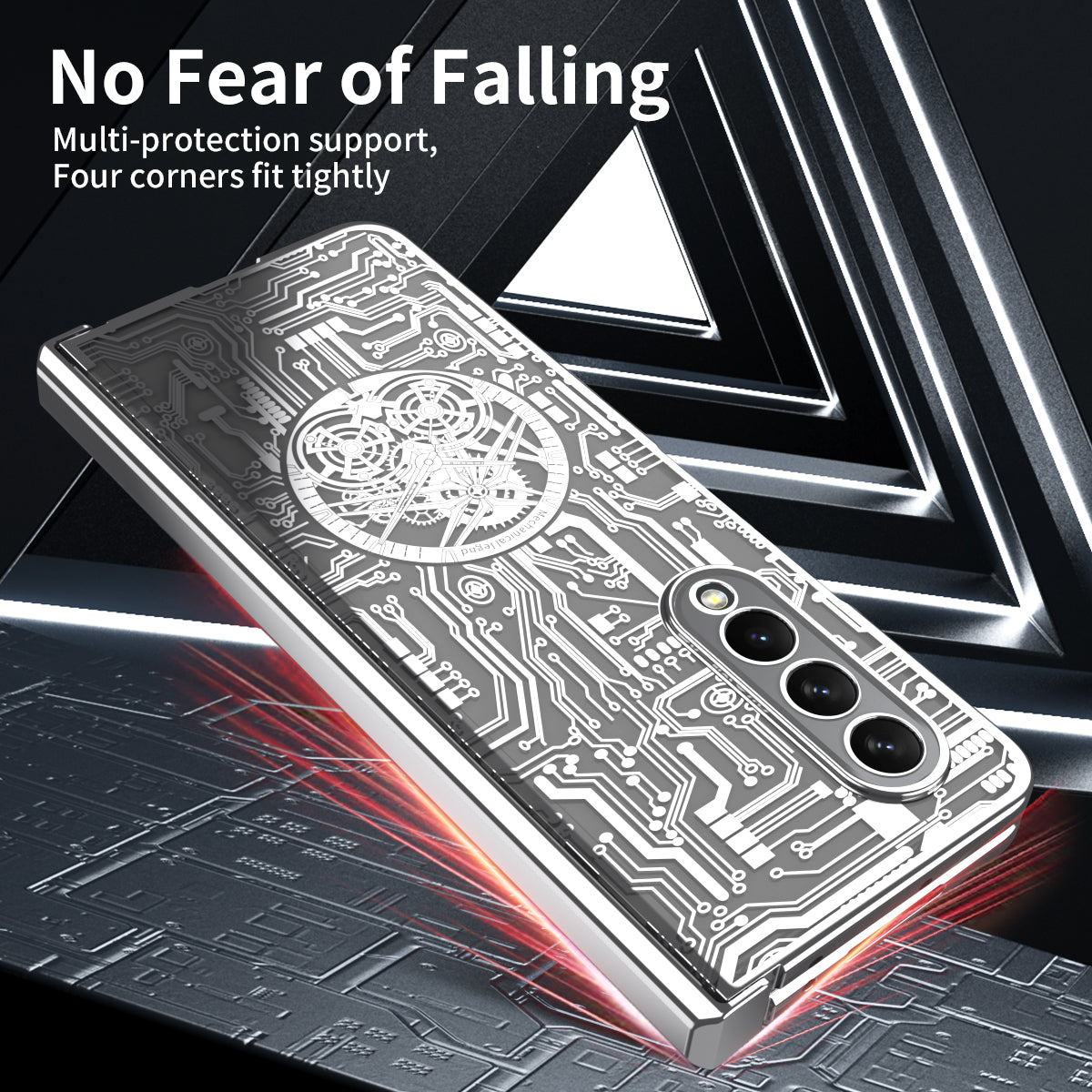 Folding Phone Case for Samsung Galaxy Z Fold3 5G Mechanical Legend Series Electroplating PC Shell with Tempered Glass Film