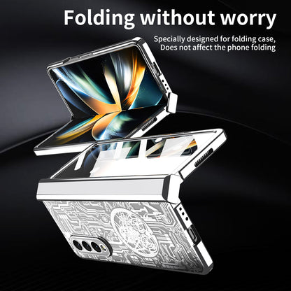 Folding Phone Case for Samsung Galaxy Z Fold3 5G Mechanical Legend Series Electroplating PC Shell with Tempered Glass Film