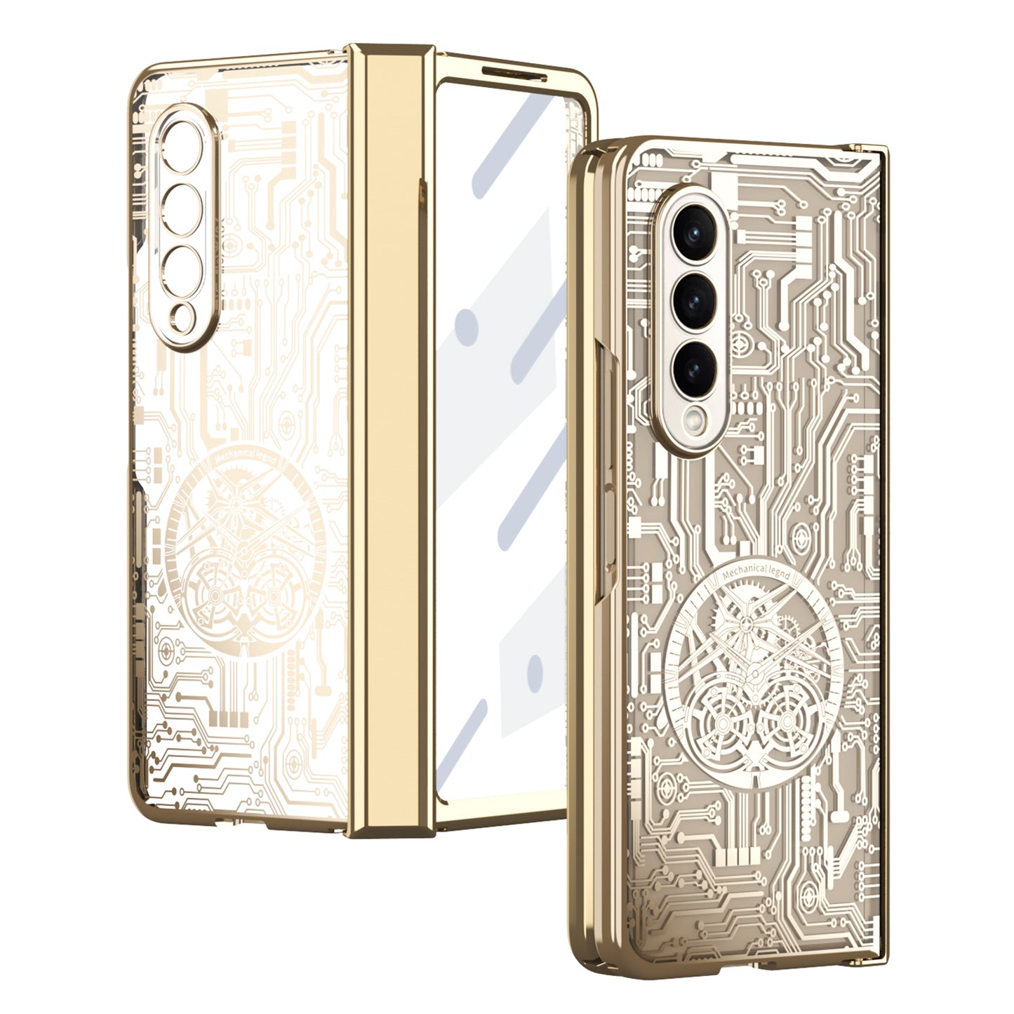 Folding Phone Case for Samsung Galaxy Z Fold3 5G Mechanical Legend Series Electroplating PC Shell with Tempered Glass Film