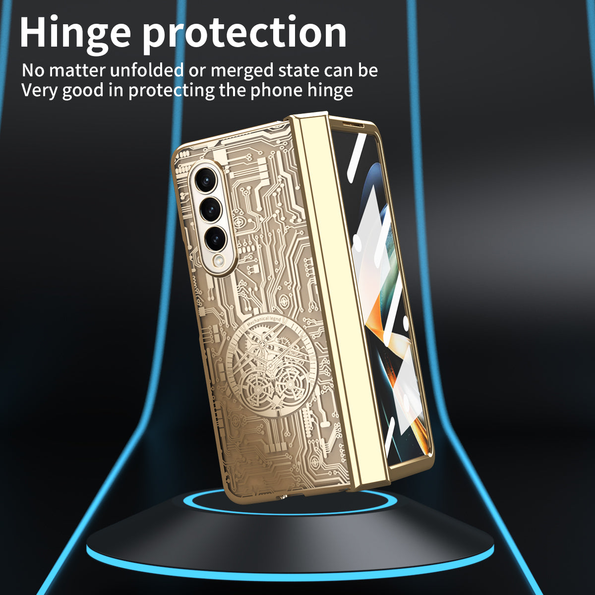 Folding Phone Case for Samsung Galaxy Z Fold3 5G Mechanical Legend Series Electroplating PC Shell with Tempered Glass Film