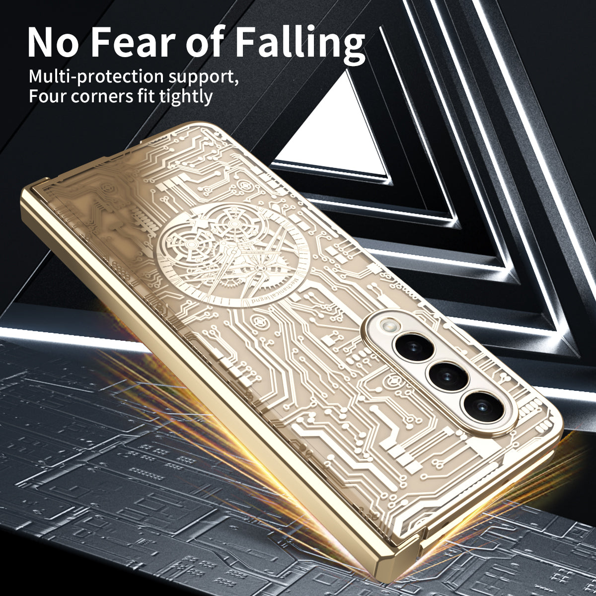 Folding Phone Case for Samsung Galaxy Z Fold3 5G Mechanical Legend Series Electroplating PC Shell with Tempered Glass Film