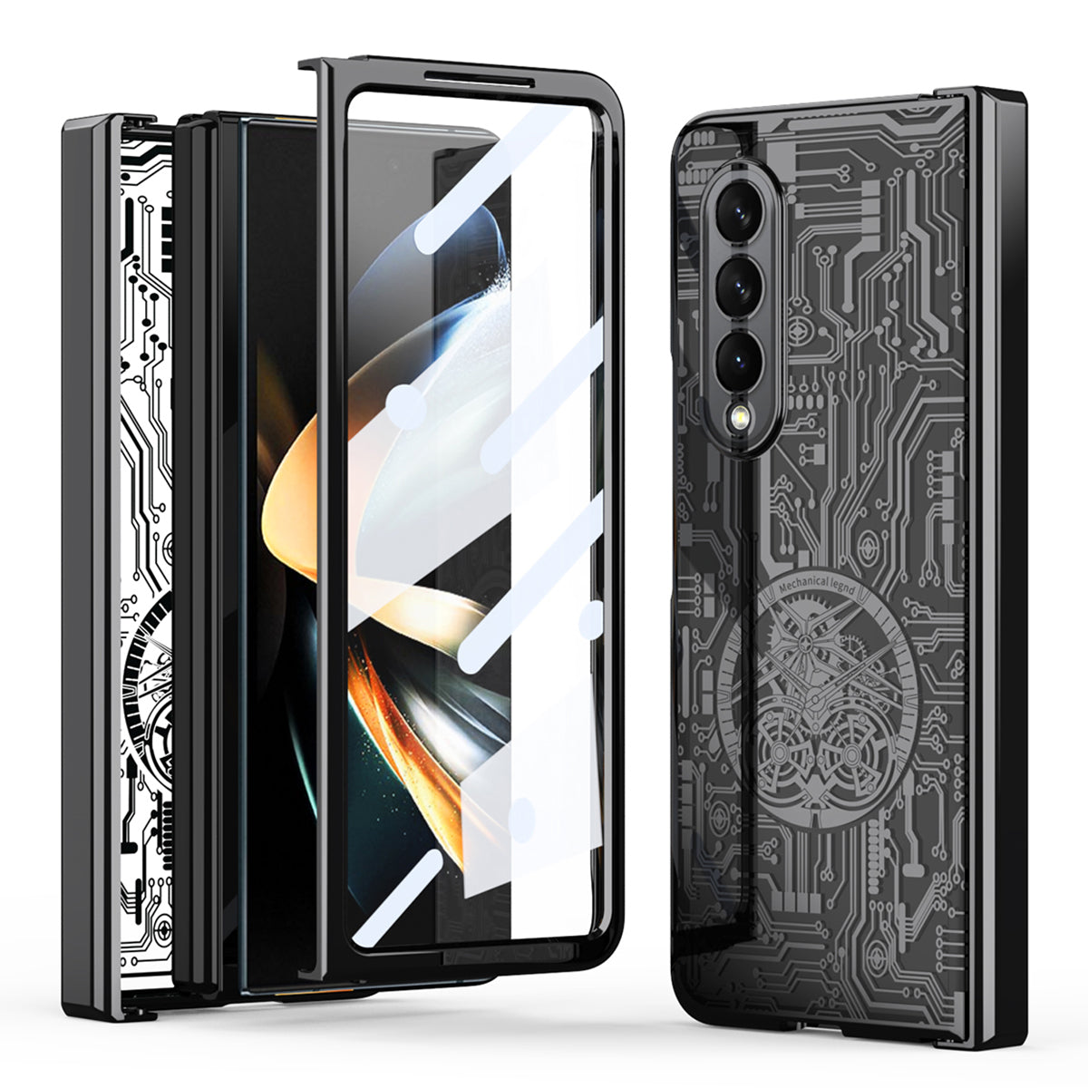 Folding Phone Case for Samsung Galaxy Z Fold3 5G Mechanical Legend Series Electroplating PC Shell with Tempered Glass Film