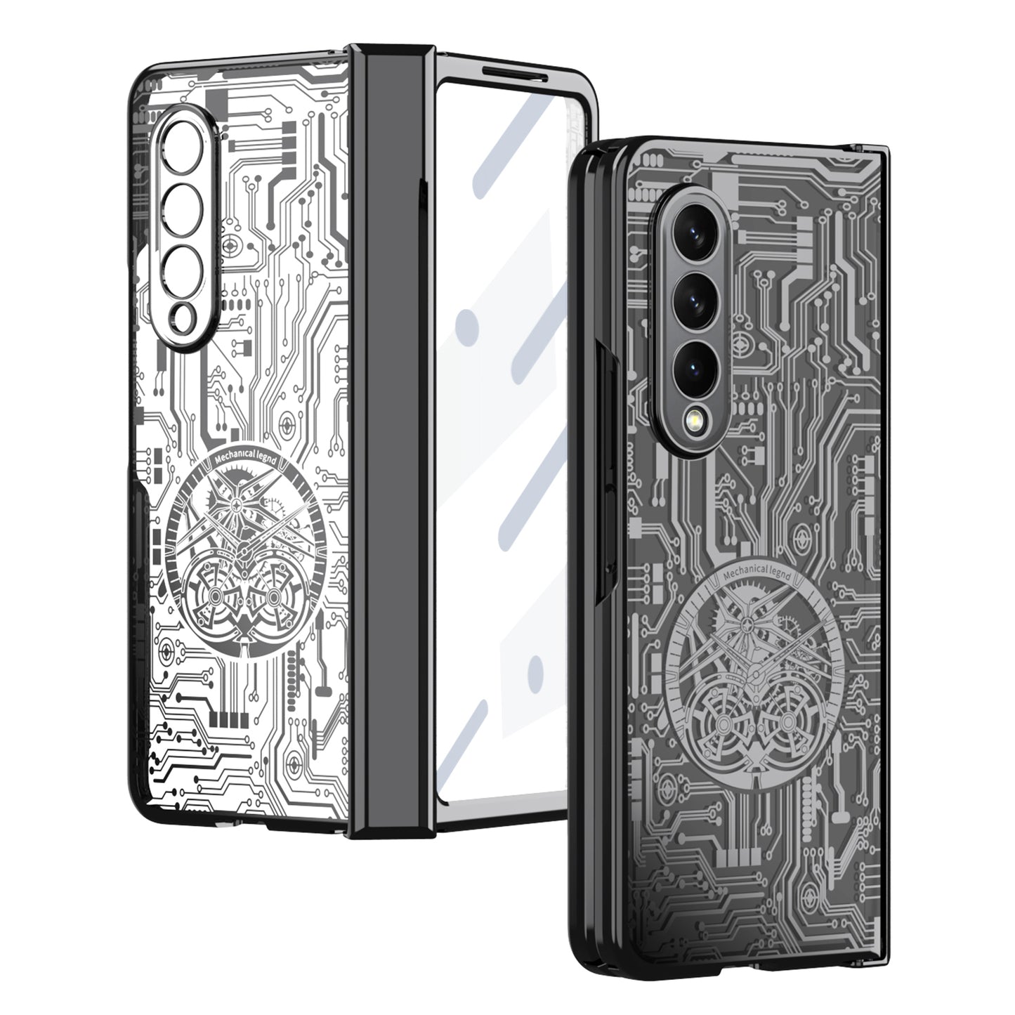 Folding Phone Case for Samsung Galaxy Z Fold3 5G Mechanical Legend Series Electroplating PC Shell with Tempered Glass Film