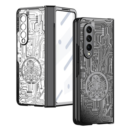 Folding Phone Case for Samsung Galaxy Z Fold3 5G Mechanical Legend Series Electroplating PC Shell with Tempered Glass Film
