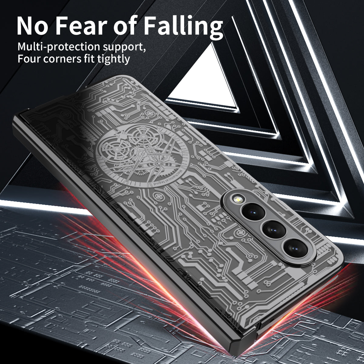 Folding Phone Case for Samsung Galaxy Z Fold3 5G Mechanical Legend Series Electroplating PC Shell with Tempered Glass Film