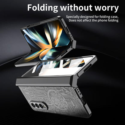 Folding Phone Case for Samsung Galaxy Z Fold3 5G Mechanical Legend Series Electroplating PC Shell with Tempered Glass Film