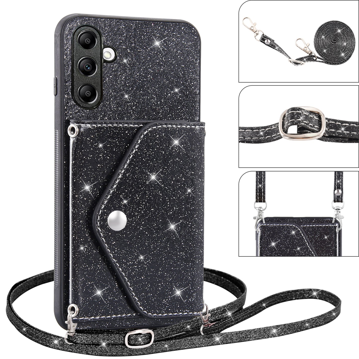 For Samsung Galaxy M13 4G / M23 5G / F23 5G Card Holder Phone Case Triangle Kickstand PU Leather+TPU Glittery Powder Shell