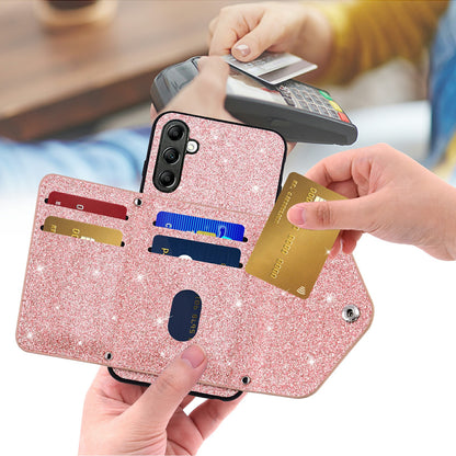 For Samsung Galaxy M13 4G / M23 5G / F23 5G Card Holder Phone Case Triangle Kickstand PU Leather+TPU Glittery Powder Shell