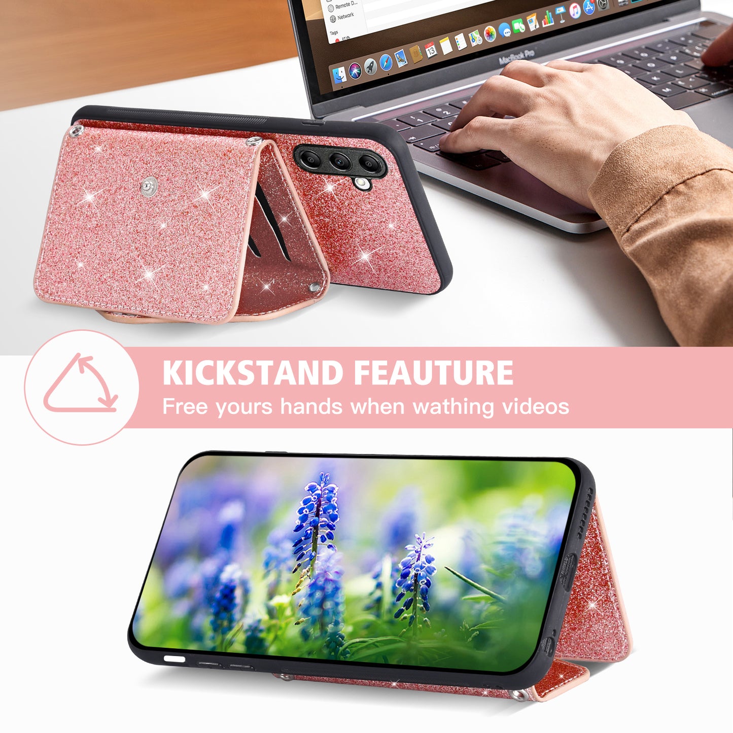 For Samsung Galaxy M13 4G / M23 5G / F23 5G Card Holder Phone Case Triangle Kickstand PU Leather+TPU Glittery Powder Shell