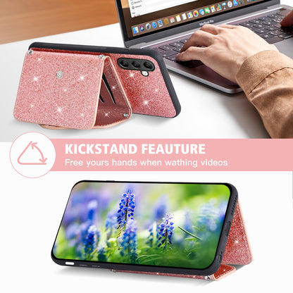 For Samsung Galaxy M13 4G / M23 5G / F23 5G Card Holder Phone Case Triangle Kickstand PU Leather+TPU Glittery Powder Shell